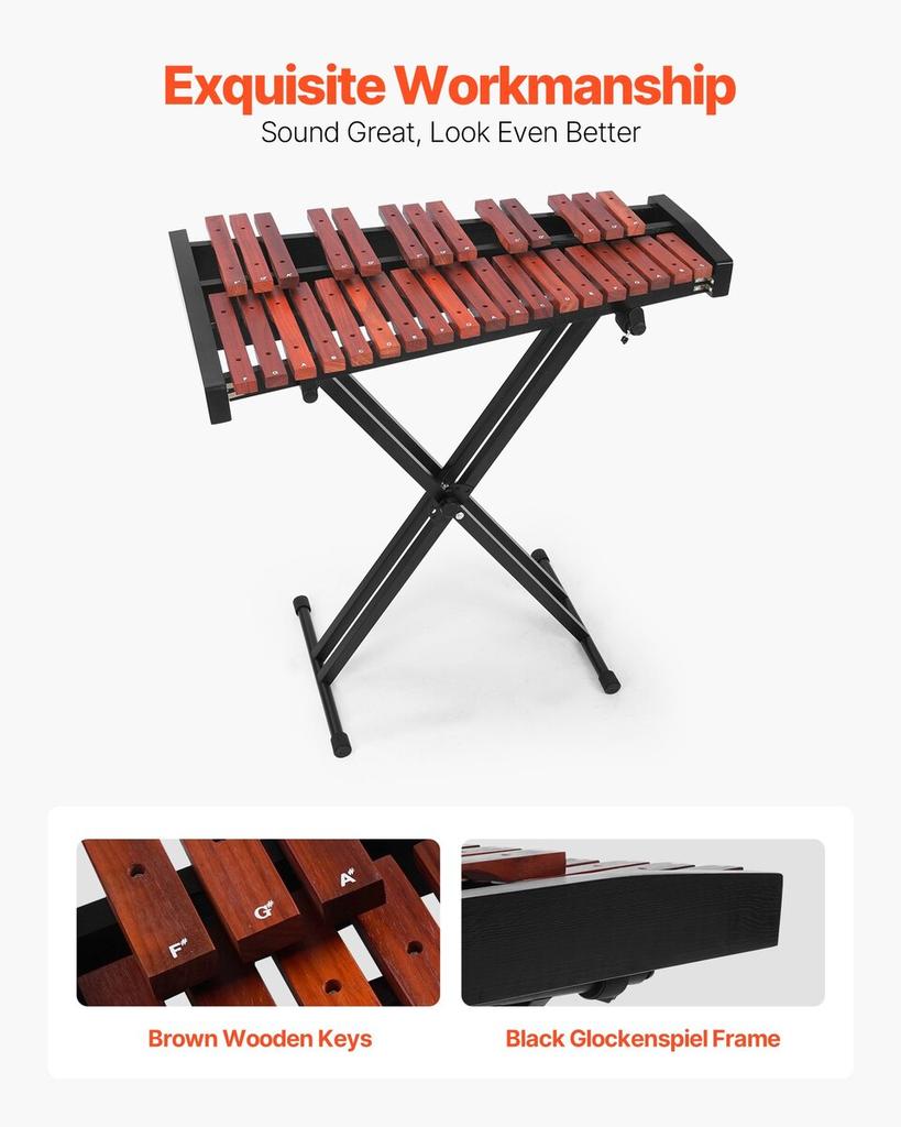 Glockenspiel Xylophone, 32 Notes, Wooden Professional Xylophone Percussion Instrument, with Height Adjustable Stand, 4 Mallets, Carrying Bag, Beginner