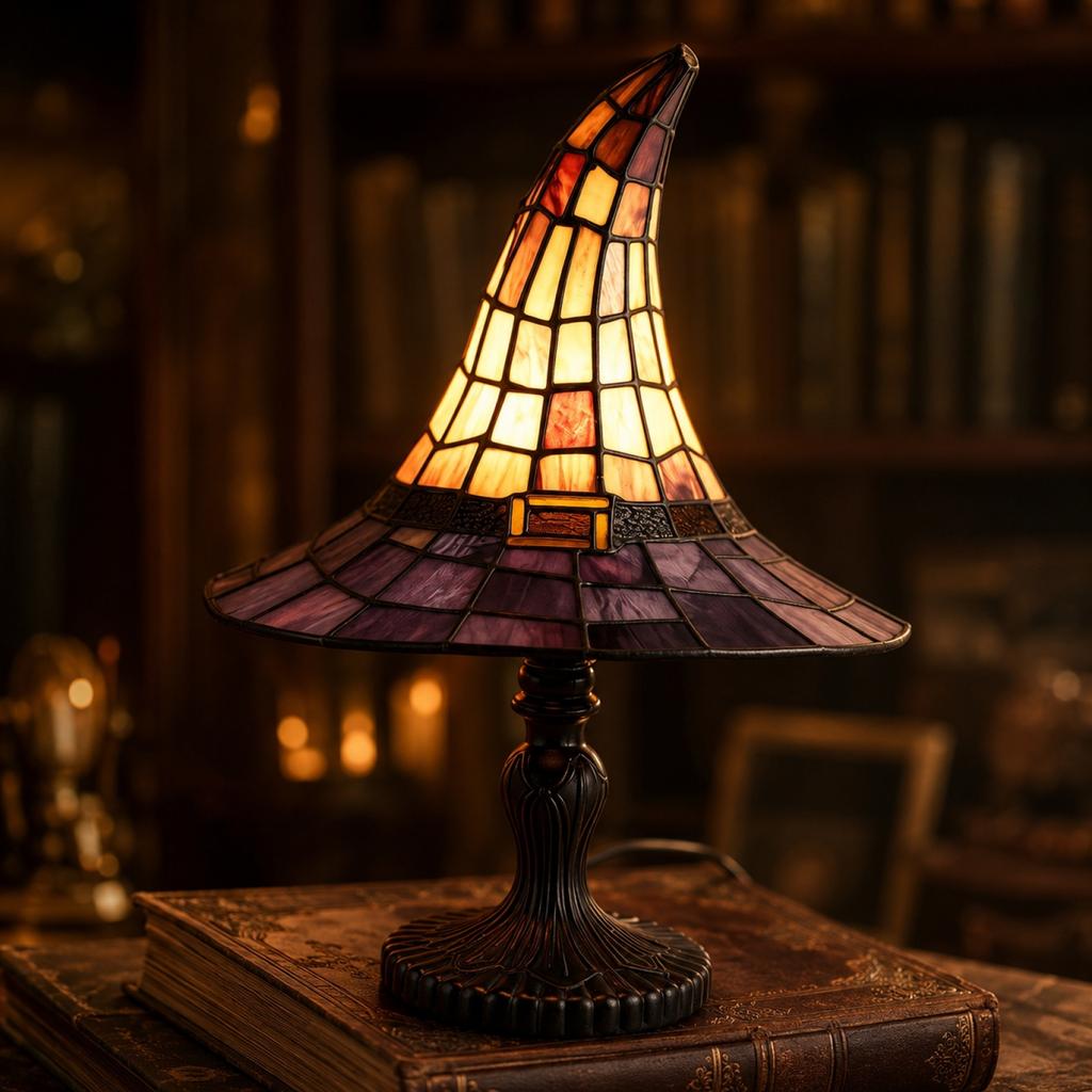 Stained Glass Witch Hat Table Lamp USB Plug In Mosaic Shade Decorative Accent Light for Home Office Party Holiday Decor