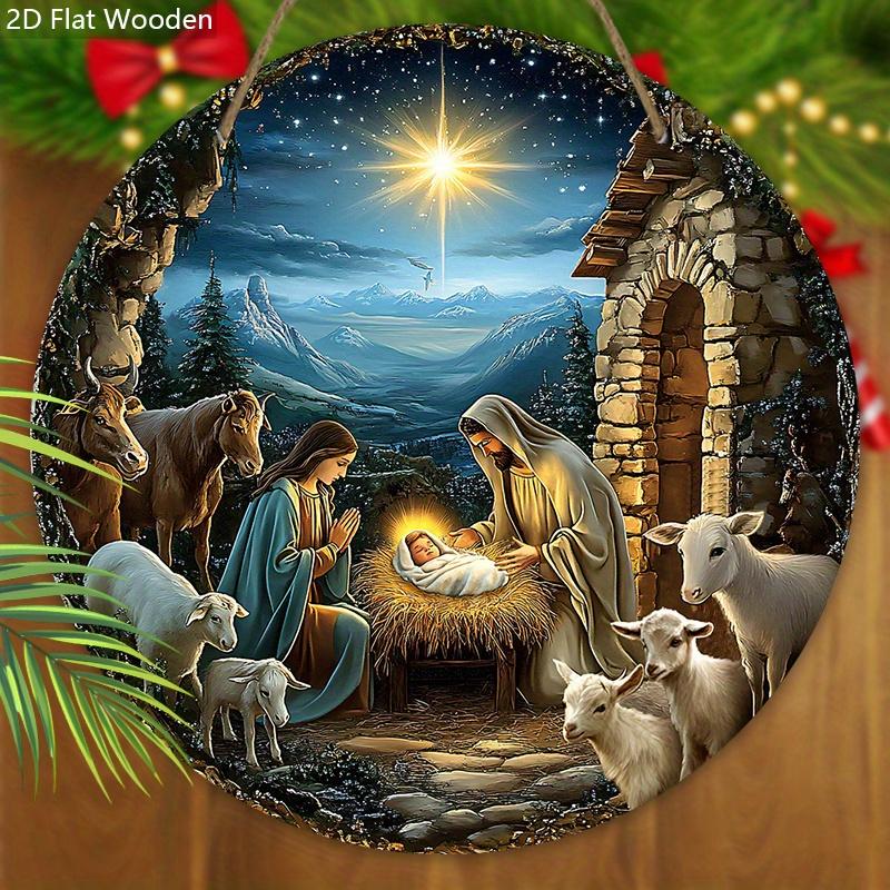 Nativity Wooden Christmas Sign with Starry Sky & Stone House Pattern - Charming Navidad Sign and Plaques - Ideal Christmas Gift for Friend