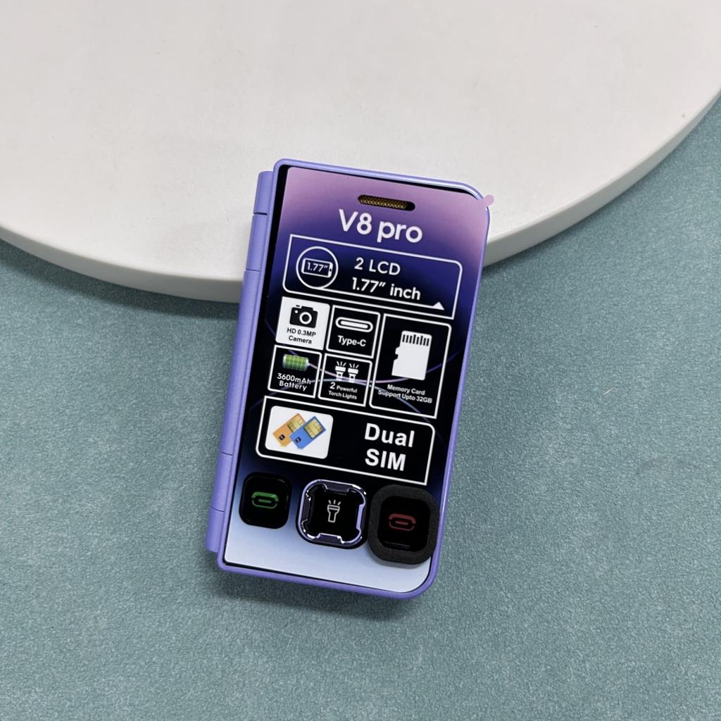 Nový V8 Pro 2G Skládací Mobilní Telefon 1,77 palce Dvojitý Displej MTK Dual SIM Dual Standby Vestavěná Baterie Mp3 Mp4 Bluetooth Mini Svítilna Mobilní Telefon