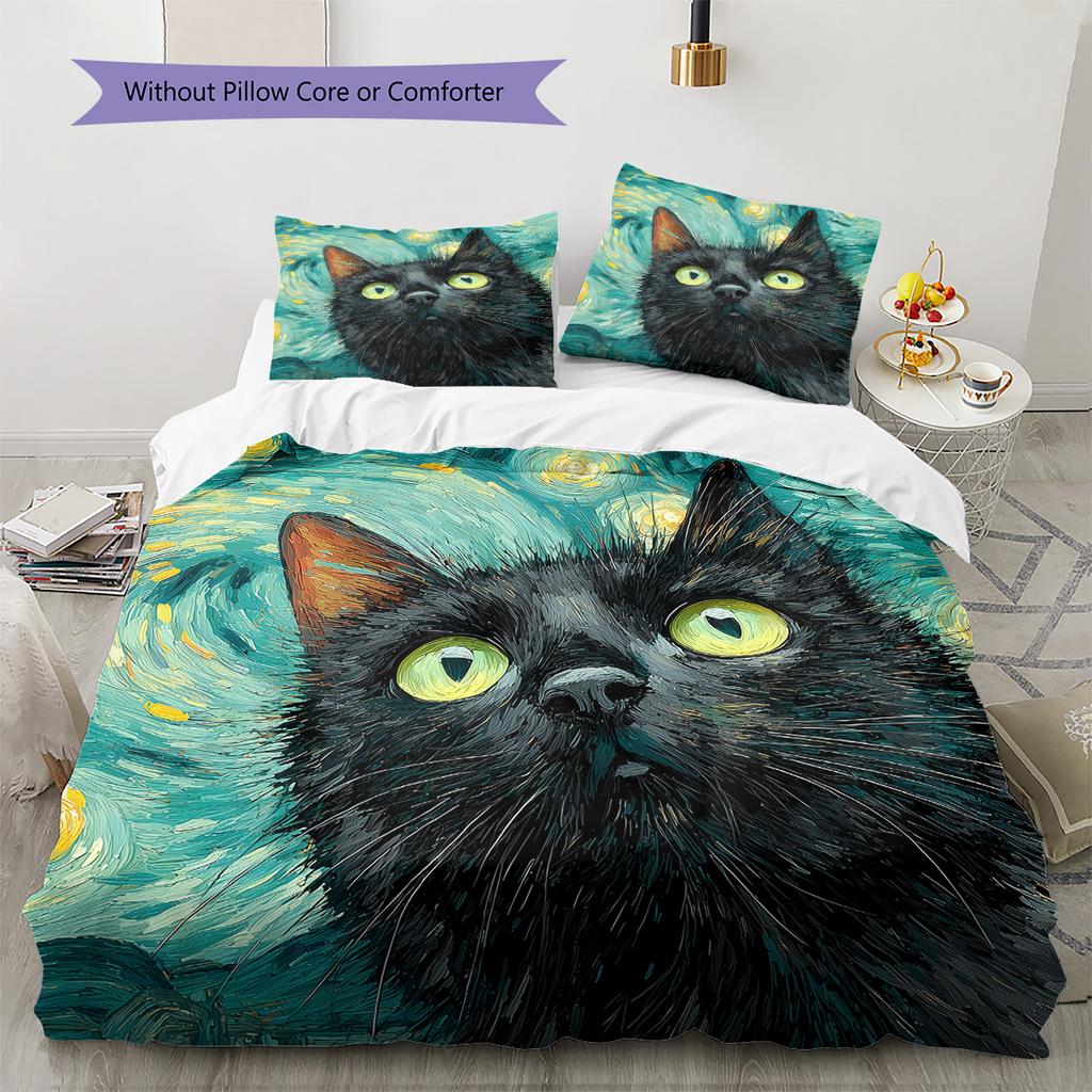 Starry Sky Black Cat  Pattern Bedding Quilt Set Quilt Cover Pillowcase Home Decoration  Gift (1 * Duvet Cover + 2 * Pillowcase, Without Core)