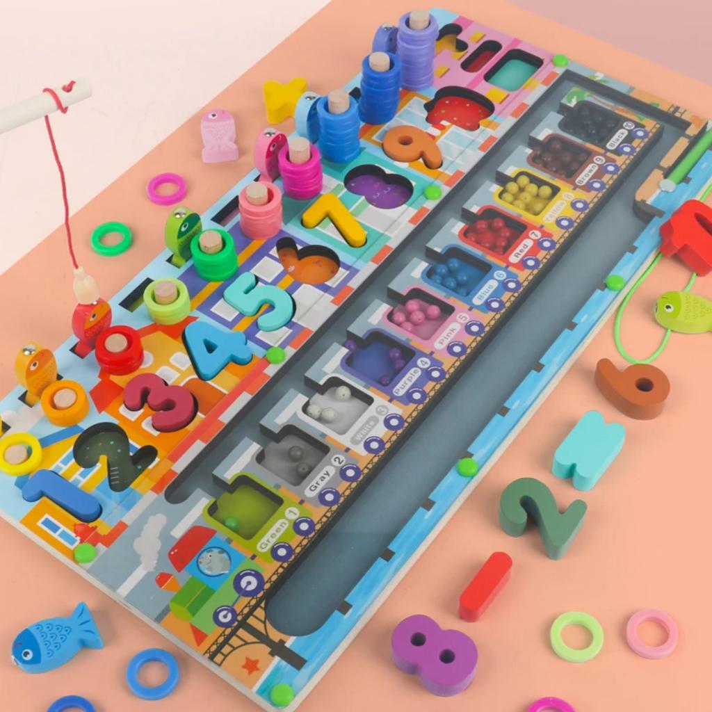 Kids Montessori Educational Wooden Math Toys Children Busy Board Count Shape Colors Match Fishing Puzzle Learning Toys Gifts