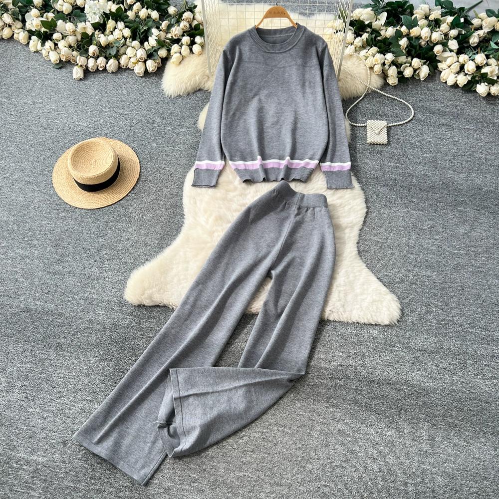 Herbst Winter Damen Lässig Gestrickter Pullover Hose Zweiteiler Langarm Pullover Oberteile und Weitbein Hose Trainingsanzug