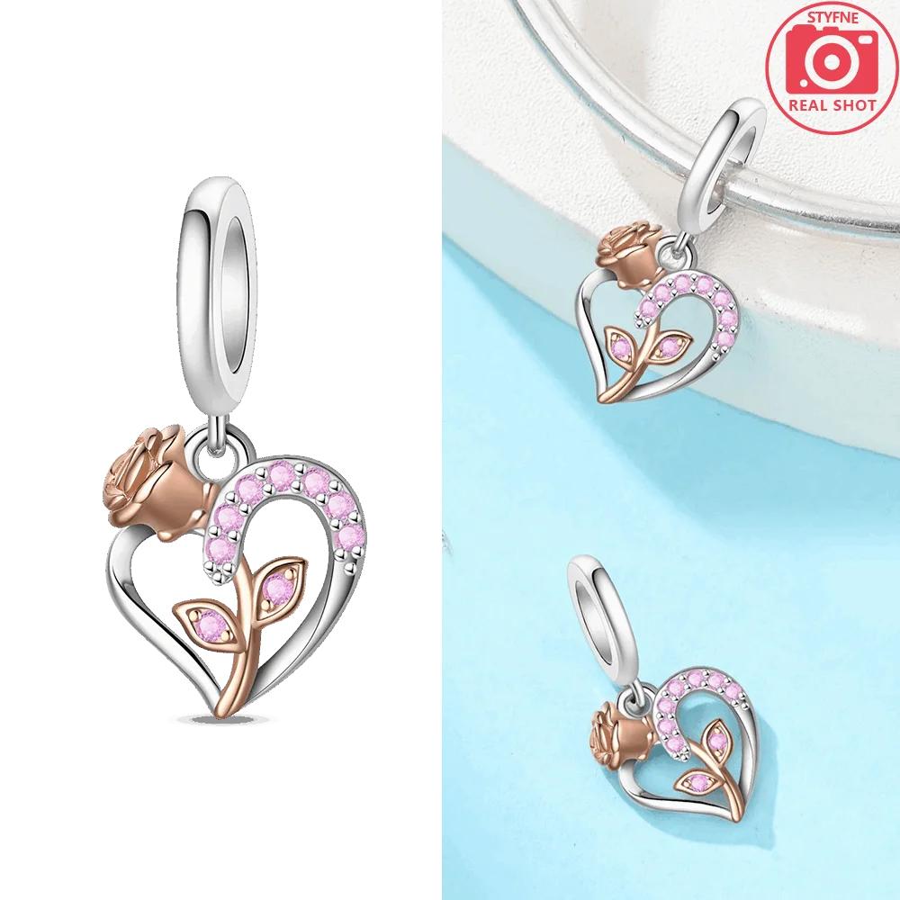 Pink Bow Heart Pendant Love Couple Rose Flowers Bead Fit Bracelet Originalcopper Women Jewelry Diy Accessory Charms Gift