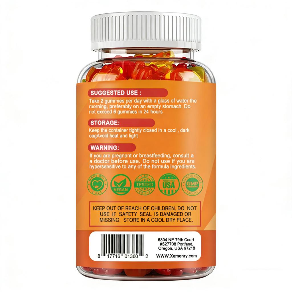 Vitamin C Gummibärchen, 1000 mg pro Gummibärchen, Multivitamin-Nahrungsergänzungsmittel, 100 Gummibärchen pro Packung, vegan, für Erwachsene geeignet, gentechnikfrei.