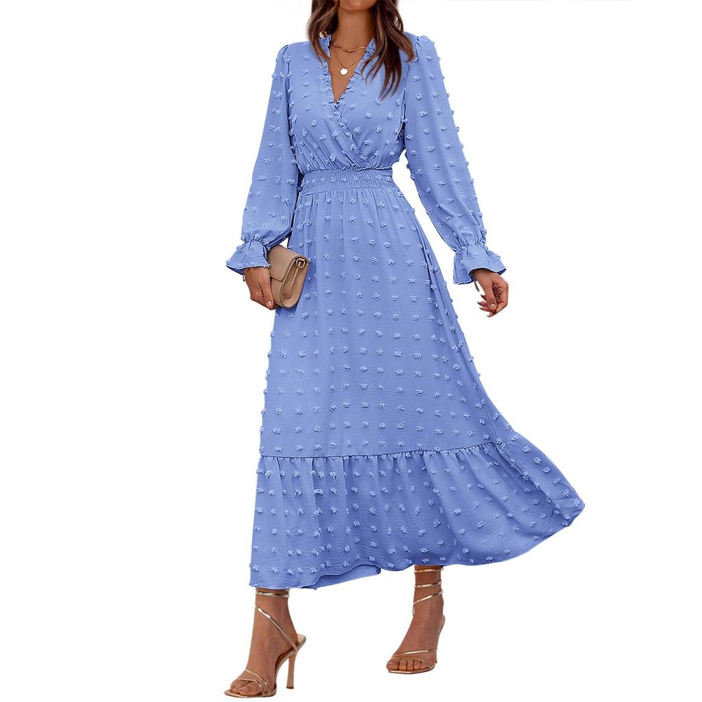 Damen Sommer Mode Locker V-Ausschnitt Langarm Ärmel Einfarbig Kleider