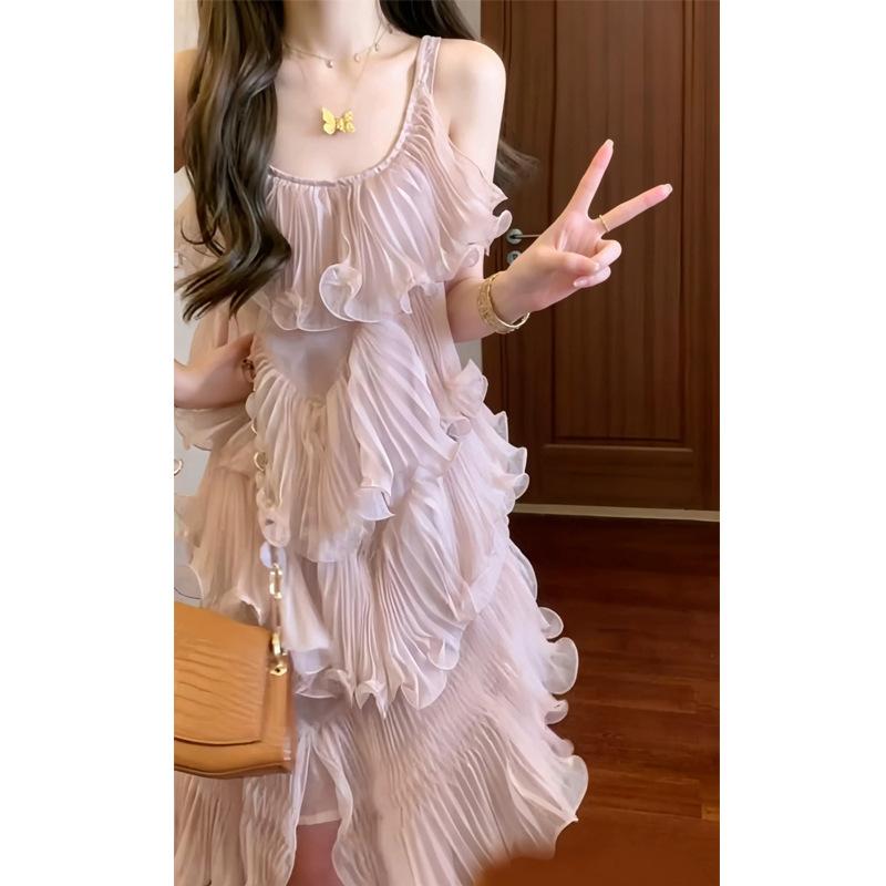 Temperament Advanced Sense Pleated Heavy Industry Fluffy Cake Suspender Skirt Design Sense Niche Super Good-looking Dress Summer