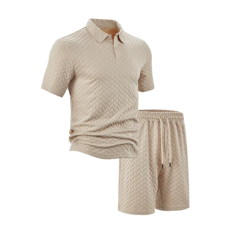 2026 New Men's Summer Casual Loose Fit T-Shirt Shorts Set Lapel Jacquard Thin Short-Sleeved Sports Polo Shirt Set