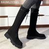 Winter Women Chunky High Boots Suede Mid Heels Fashion Shoes Lace Up Motorcycle Boots 2025 Trend Winter Knee High Botas De Mujer