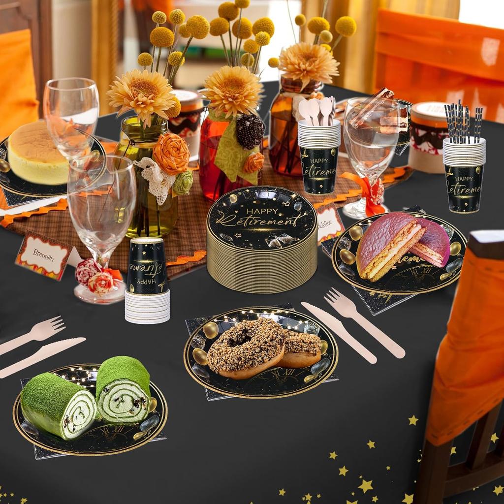 201PCS Retirement Party Decorations Retirement Plates Napkins Set, Black and Gold Retirement Plate,Napkin,Cup,Straw,Tablecloth,Wooden Cutlery,