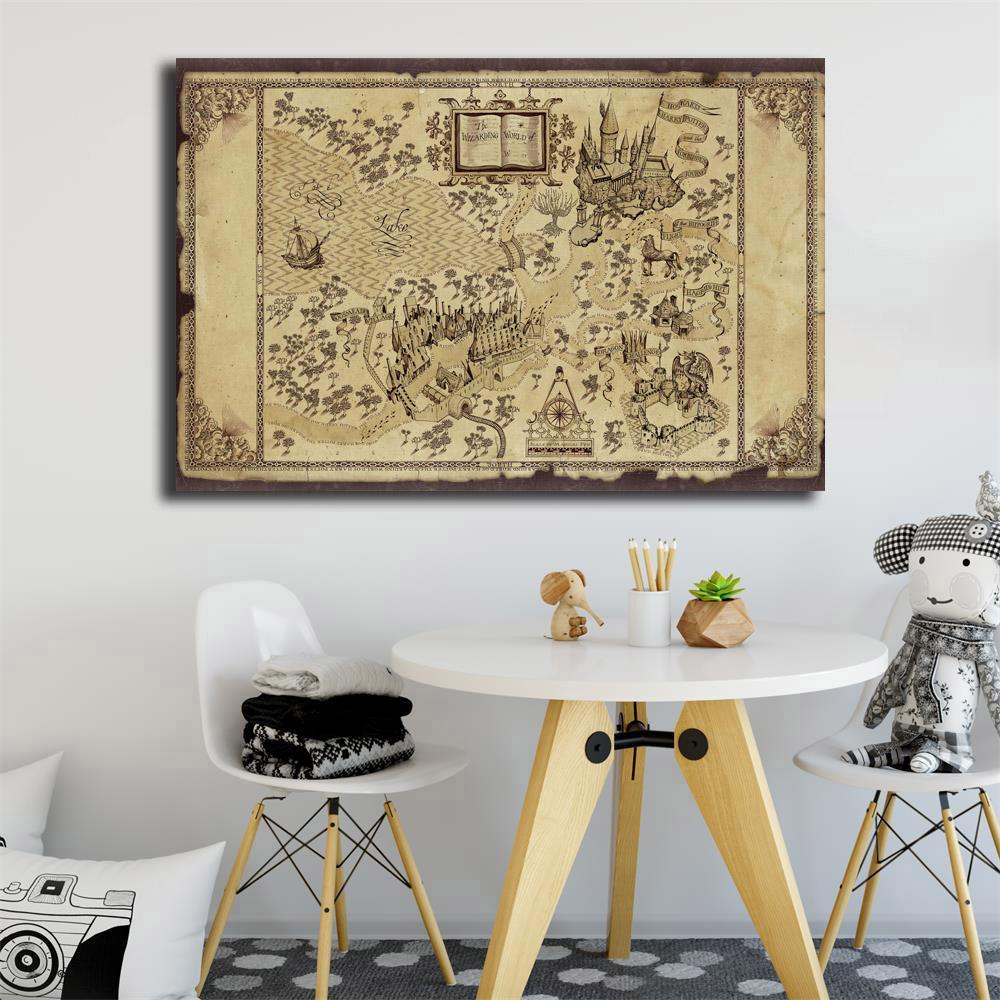 Flying Eagle and Castle Classic Movie Magic Map Canvas Painting Posters Prints Cuadros Wall Art Picture for Living Room