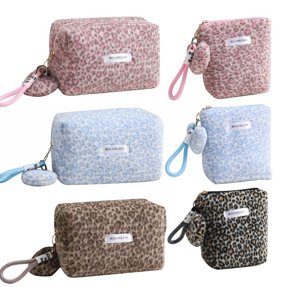 Fashion Fuzzy Makeup Bag Large Capacity Leopard Print Cosmetic Bag Portable Soft Travel Bag Cosmetic Storage