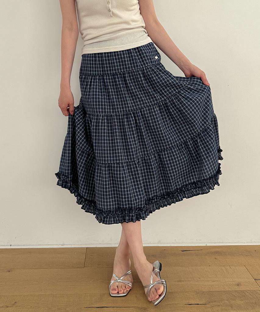 Moyora Frill Tiered Flare Check Long Skirt [Deep Blue]