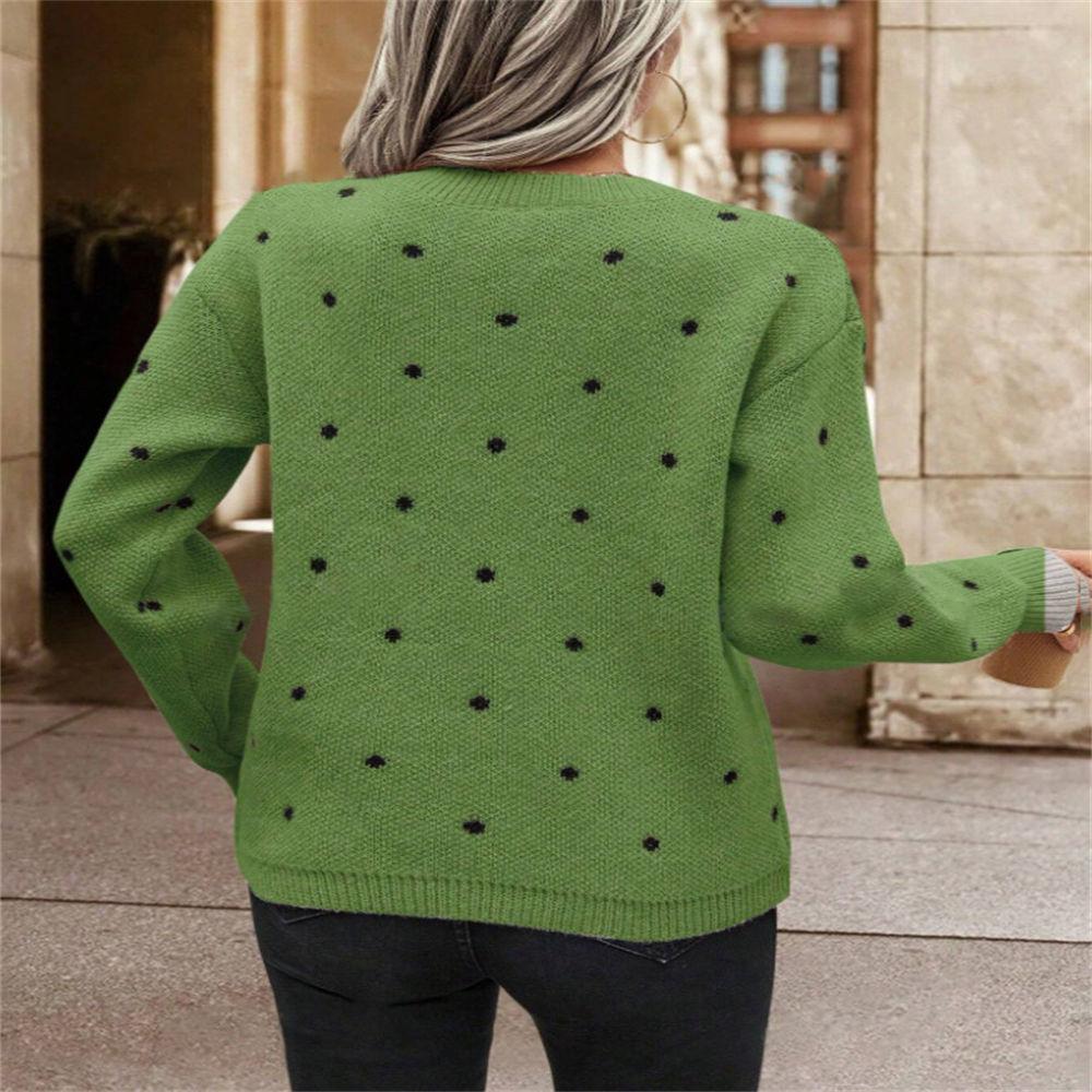 Women's Autumn & Winter Polka Dot Jacquard Crew Neck Pullover, Elegant Loose Knit Sweater S-XL