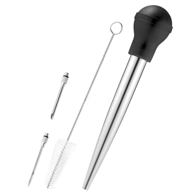 Kitchen Stainless Steel Turkey Baster for Cooking Food Grade Syringe with Silicone Suction Bulb Needle Cleaning Brush