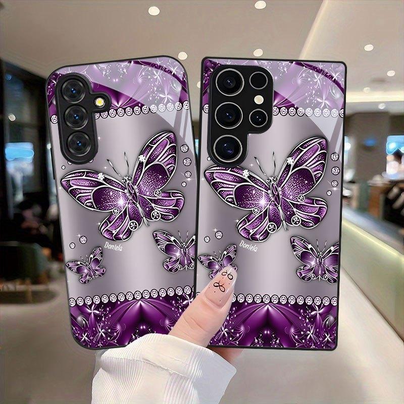 Purple Butterfly Print Pattern Glass Phone Case Suitable for Samsung Galaxy S26 S25 S24 S23 S22 S21 S20 FE/Ultra/Plus Anti Drop