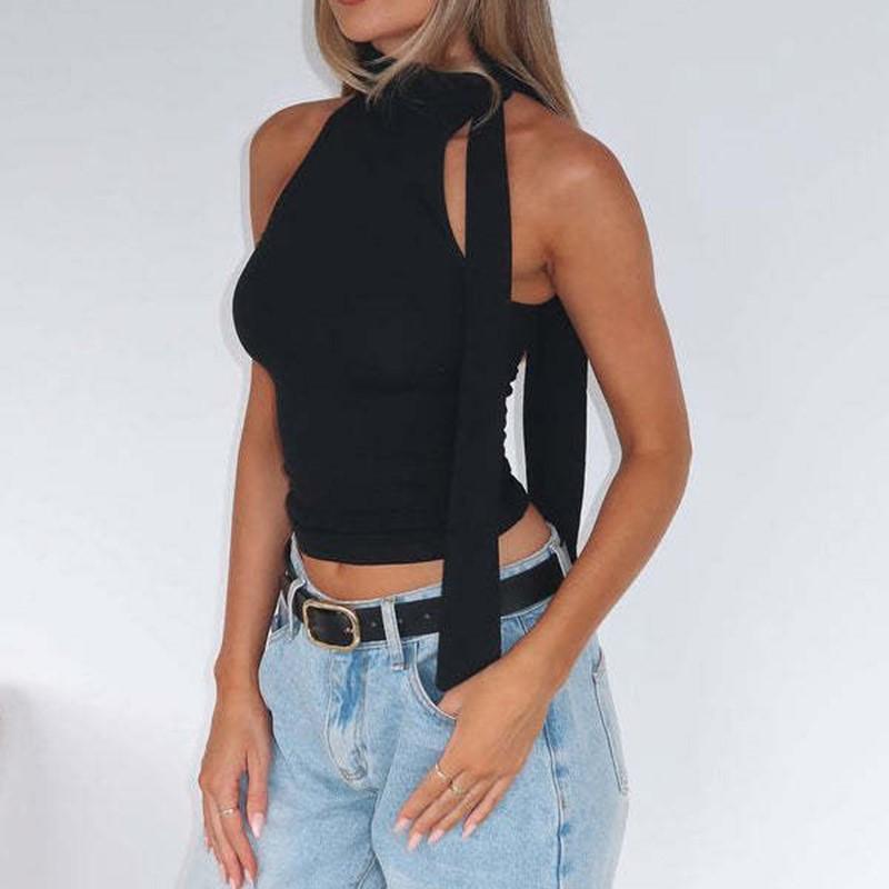 Solid Bow Knot Halter Women Sleeveless Skinny Tank High Street Style Fashion Simple Design