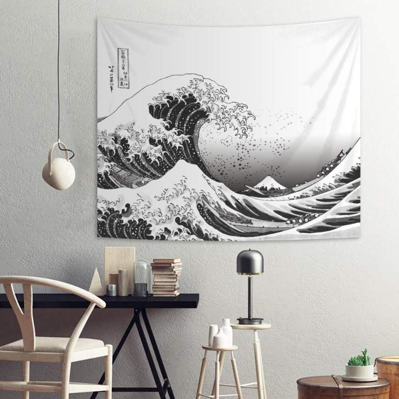 VIKAMA The Great Wave Off Kanagawa Black White Tapestry Japanese Ukiyoe Art Wall Hanging for Living Room Bedroom Study Decor