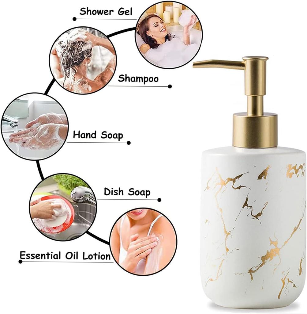 White and Gold Ceramic Soap Dispenser Luxury 300ml 10oz Hand Soap Bottle with Plastic Pump for Bathroom and Kitchen