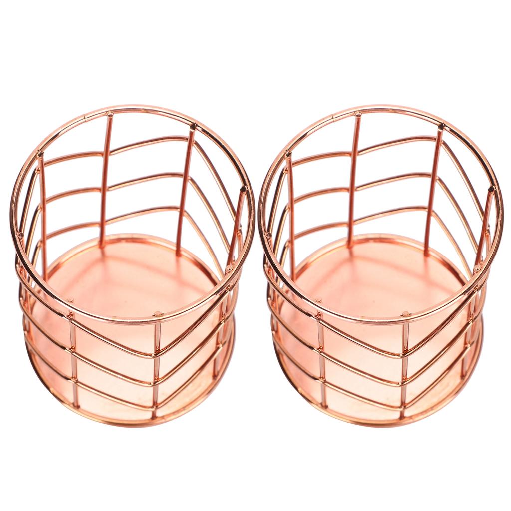 2Pcs Pen Holder Round Rose Gold Desktop Storage Basket Metal Mesh Makeup Organizer Box