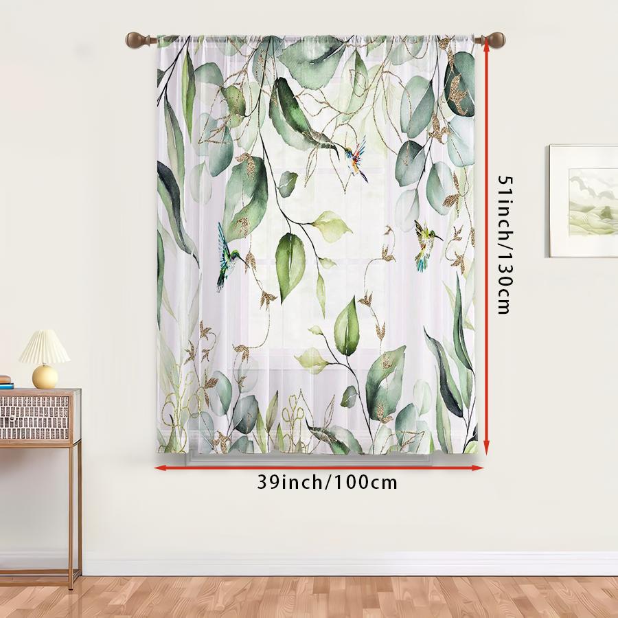 1PC Sheer Curtain Eucalyptus Leaf Hummingbird Print, Rod Pocket Window Curtain for Living Room Bedroom Nature Decor
