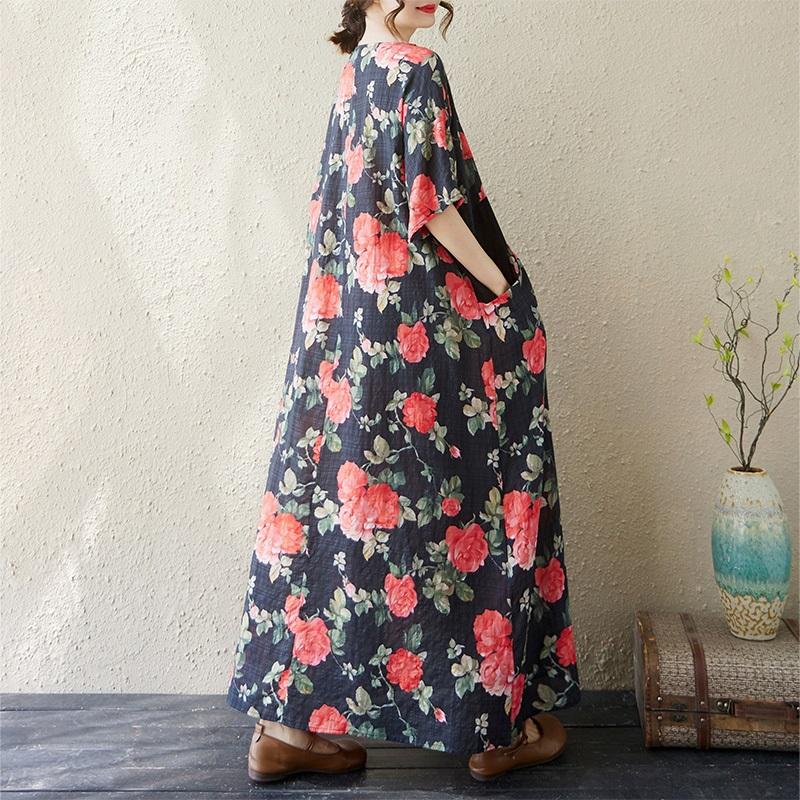 Kurzarm Plus Size Baumwolle Vintage Blumenmuster Neu in Kleidern für Damen lässig locker langes Sommerkleid