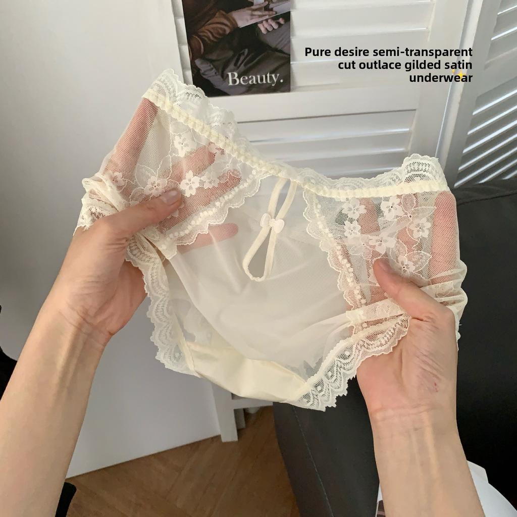 Ladies Summer Light Luxury Satin Hollow Lace Hip Ice Silk Quick Dry Middle Waist Triangle Briefs