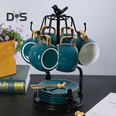 Tassenhalter mit 6 Haken, Tassen- und Untertassenständer, Tassenaufbewahrungsregal mit geräumiger Basis für Kaffeetassen, Teetassen, kreatives Dekor und Organizer für