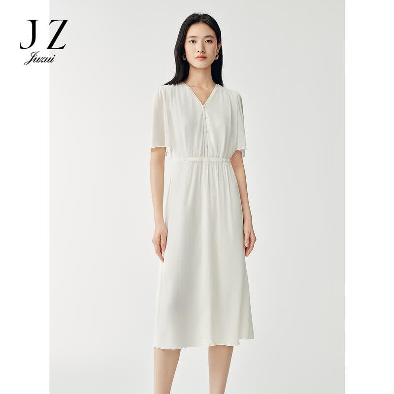 JUZUI Elegant Beaded V-Neck Chiffon Dress for Women 2026 Summer
