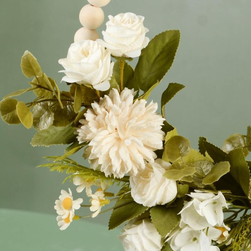 Artificial Flower Wood Beads Wreath Spring Wreath Decoration for Front Door Farmhouses Wedding Thanksgiving Decoration