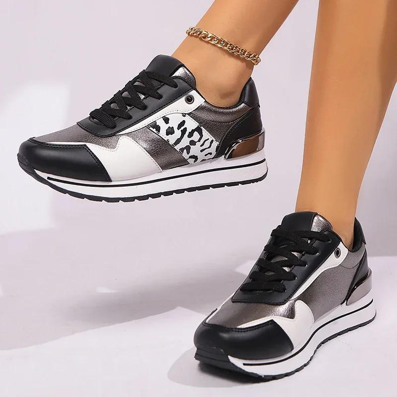 Light Weight Gold Leopard Sneakers for Women 2025 Spring Platform Lace Up Casual Shoes Woman Mix Color Sole Sole Outdoor Flats