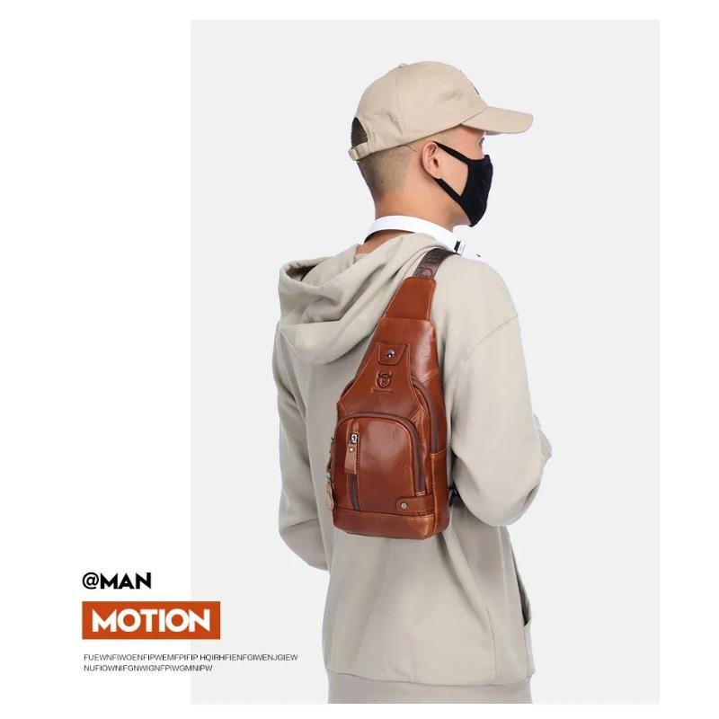 2024 New 100% Cowhide Leather Casual Fashion Crossbody Chest Bag Men's Leather Bag USB Charging Travel Shoulder Bag Daypack Male