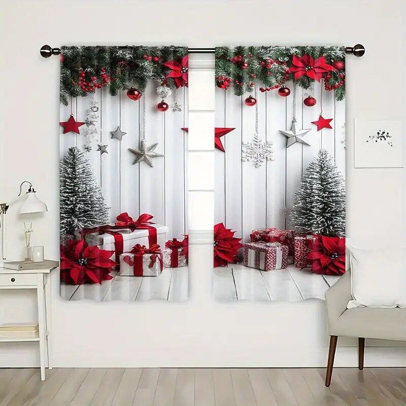 Christmas tree and star-patterned printed curtains   Christmas decorations   home decorations   room decorations