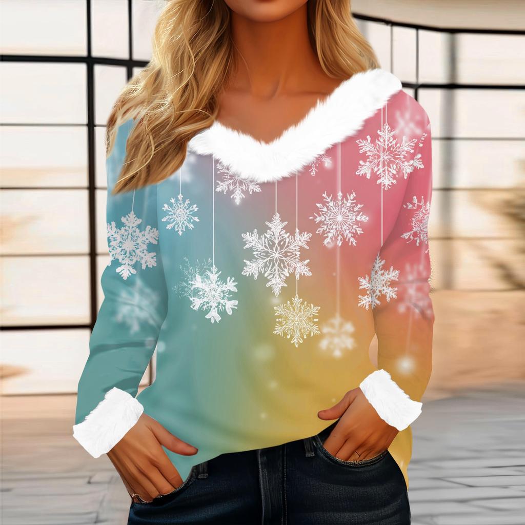 Women's Casual Fashion Long Sleeve Christmas Printed Flannel Collar Top