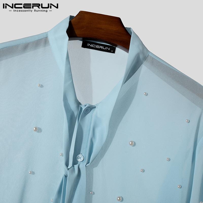 INCERUN Men Lace Up Neck Pearl Decoration Mesh Long Sleeve T-shirts Tops