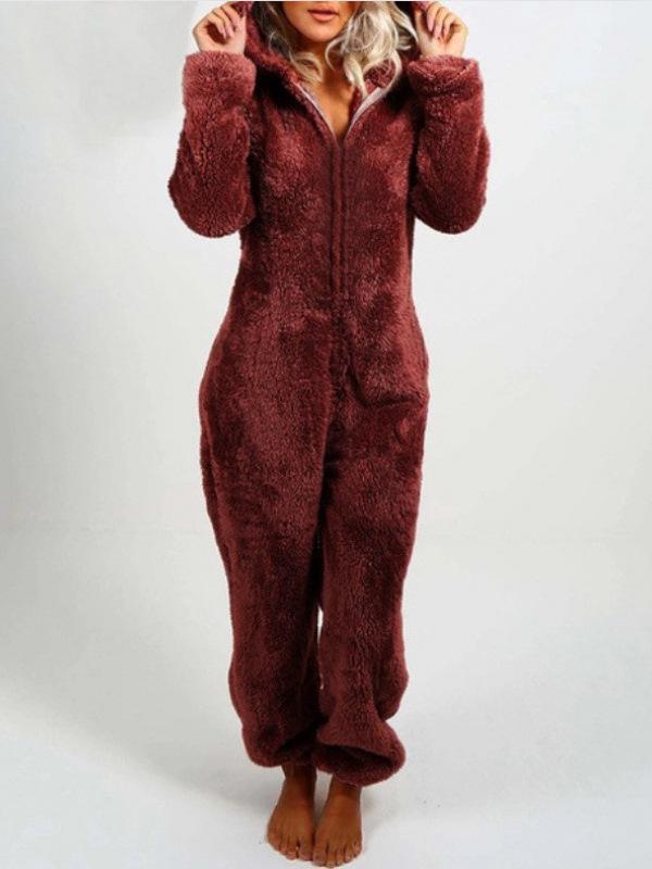 2024 Trendy Europese & Amerikaanse Fleece-Gevoerde Hooded Jumpsuit Pyjama voor Dames