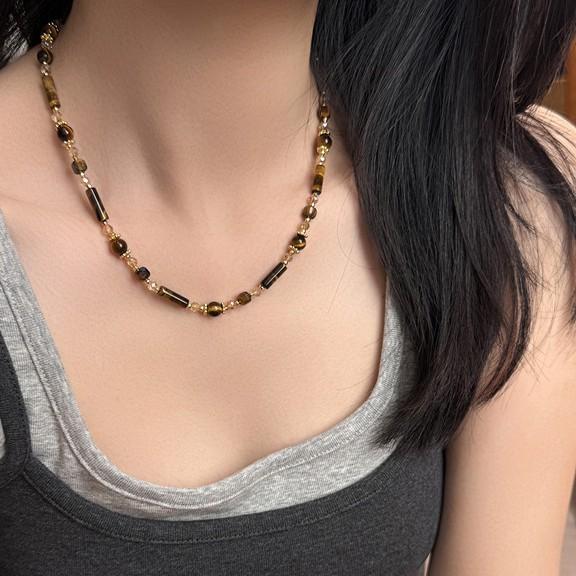 Maillard Retro White Tiger'S Eye Stone Beaded Necklace Niche Design Autumn And Winter Double-Sided Tiger'S Eye Stone Pendant Sweater Chain