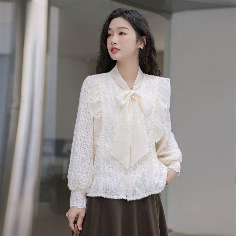 

Осень и Зима Новое поступление Женская одежда Банты Флисовая подкладка Утолщенная Кружевная базовая рубашка Западный стиль Приталенная Марлевая вставка V-образный вырез Рубашка Apricot regular XL