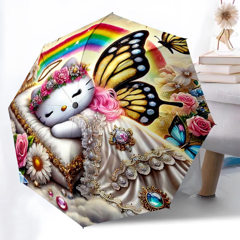 1pc Hello Kitty Butterfly Wings Automatic Opening/Closing Umbrella - Portable Folding Design, 8-Bone Iron Frame Outdoor Umbrella, Ideal Gift for Fans,