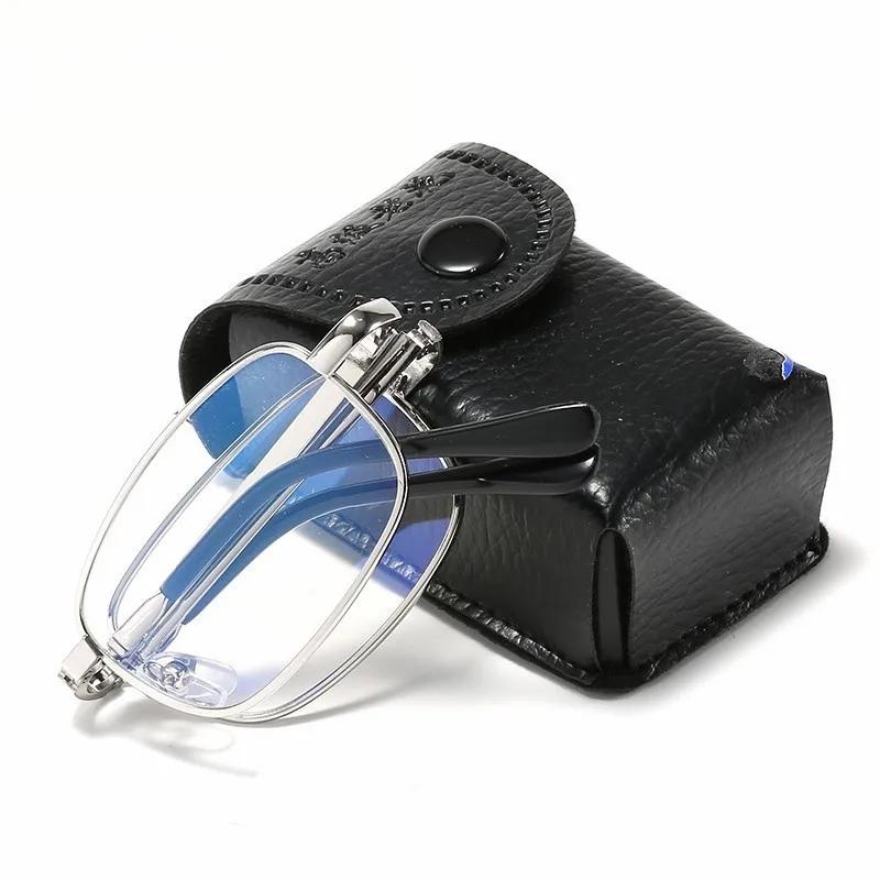 Foldable Metal Blue Light Blocking Reading Glasses for Men Presbyopia Diopter Eyewear with Leather Case Portable