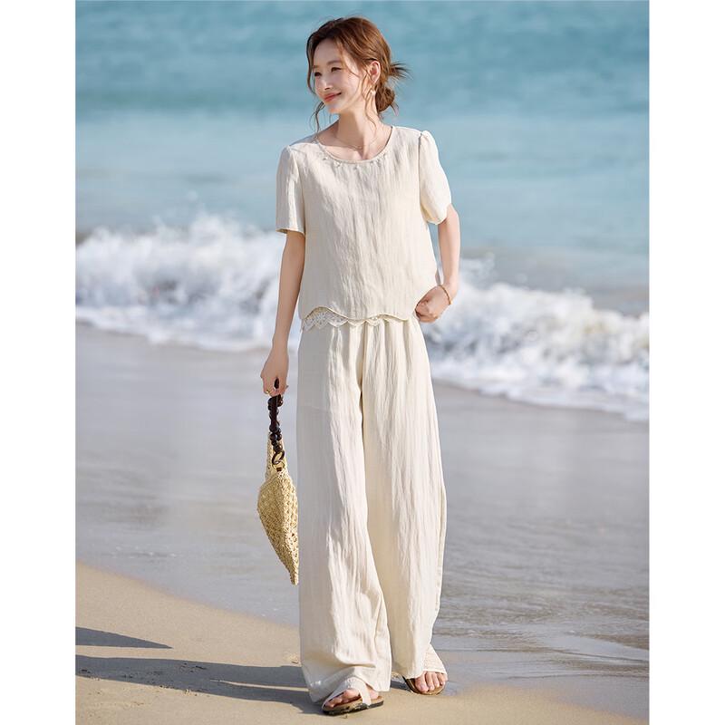 Women's Lyocell Blend Lace Spliced Top & Wide-Leg Pants Set