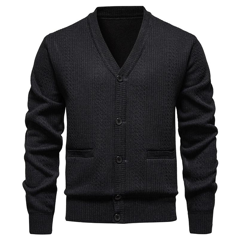 Autumn Winter Men's V-Neck Sweatercoat Casual Knit Cardigan Solid Color Single Breasted Thick Fleece Warm Knitted Sweater Jacket