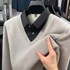 Men's Lapel Fake Two Piece Knitted Sweater Winter Velvet Thickened Print Striped Business Casual Men'swear