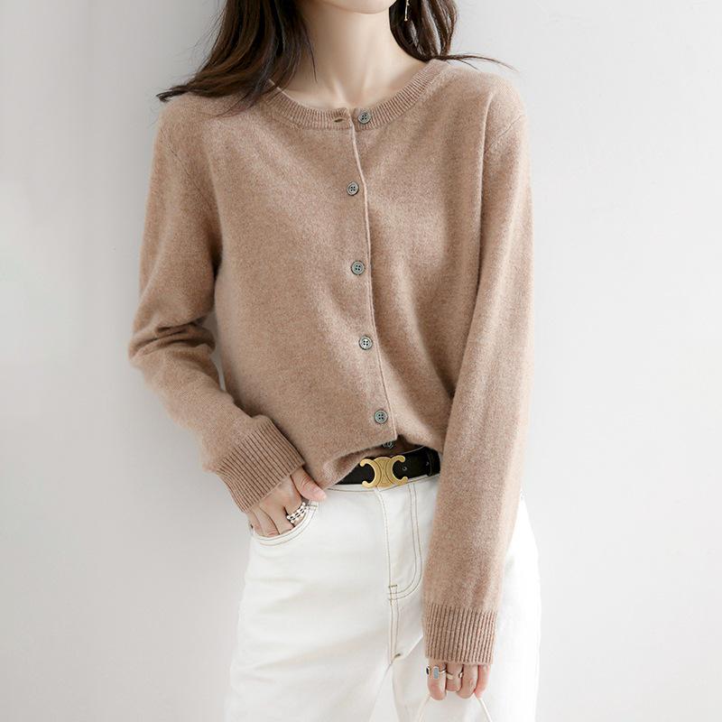 2023 Autumn/Winter Women's Korean-Style Camel Cardigan, Round Neck, Single-Breasted Knit Sweater.