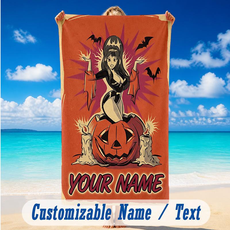 Beach Towel Custom Name Text, Quick Dry Large Towel For Beach HomeElvira Mistress of the Dark