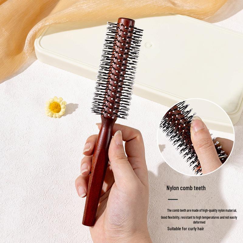 Professional Curly Hair Comb - Red-Brown Nylon Teeth, Original Wood Roller, Round Head for Inward Curls