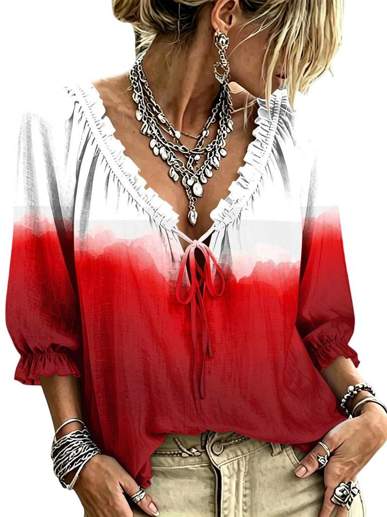 Women's long-sleeved top with gradient color, front tie frills, V-neck bow, three-quarter sleeves. Multi-scenario casual wear item.
