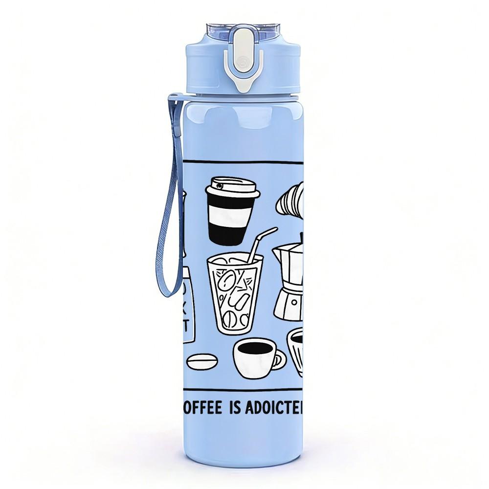 1PC Coffee Equipment Line Sketch Print 750ml Color Plastic Sports Water Bottle Leakproof Flip Straw Lid Suitable for Sports Office Home Use