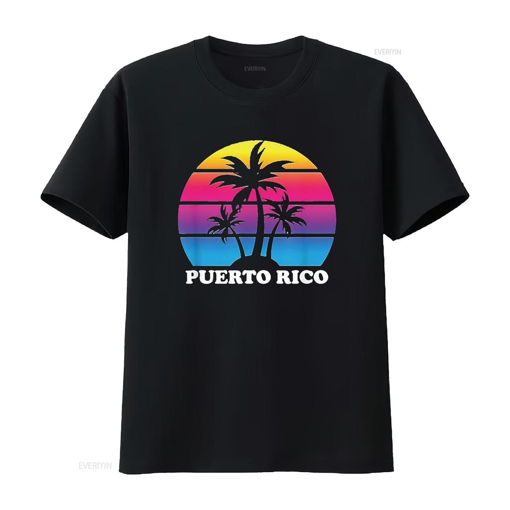 Mens Puerto Rico Retro Palm Tree Sunset Vacation Beach Trip T Shirt Black vintage Washed Comfortable Casual designer clothes