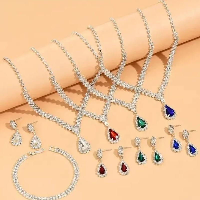 Trendy Water Drop Rhinestone Necklace Bracelet Earrings Jewelry Set for Women Delicate Statement Bride Wedding Jewelry Gifts
